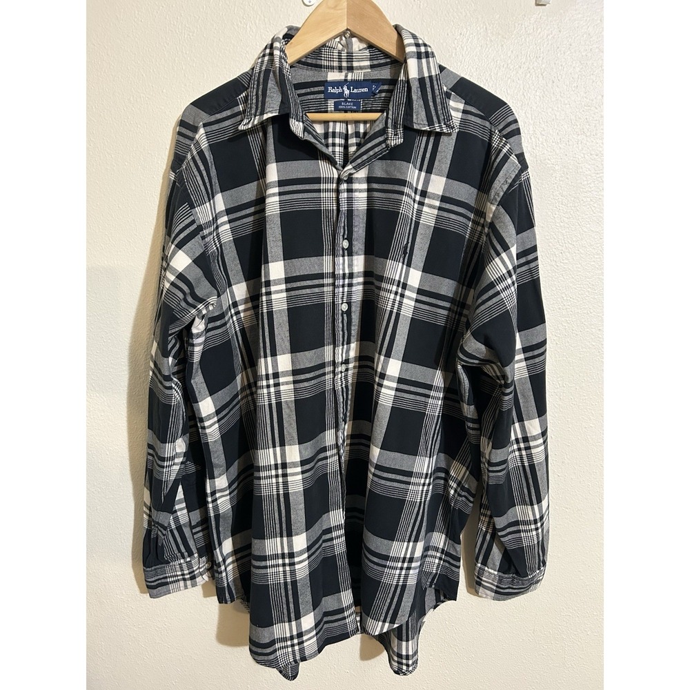 Ralph Lauren Button Down Blake Fit XL Black White Plaid Cotton Linen Shirt